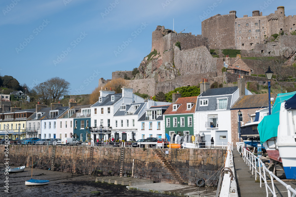 Gorey, Jersey - April 2019: Gorey Harbour and Mount Orgeuil castle Stock  Photo | Adobe Stock