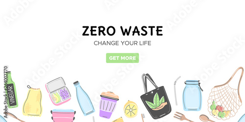 Web template with zero waste objects. Hand drawn flat style. Eco lifestyle. Save planet. Care of nature. Online store. It can be used for landing page, mailing, advertising, header. Vector, eps10