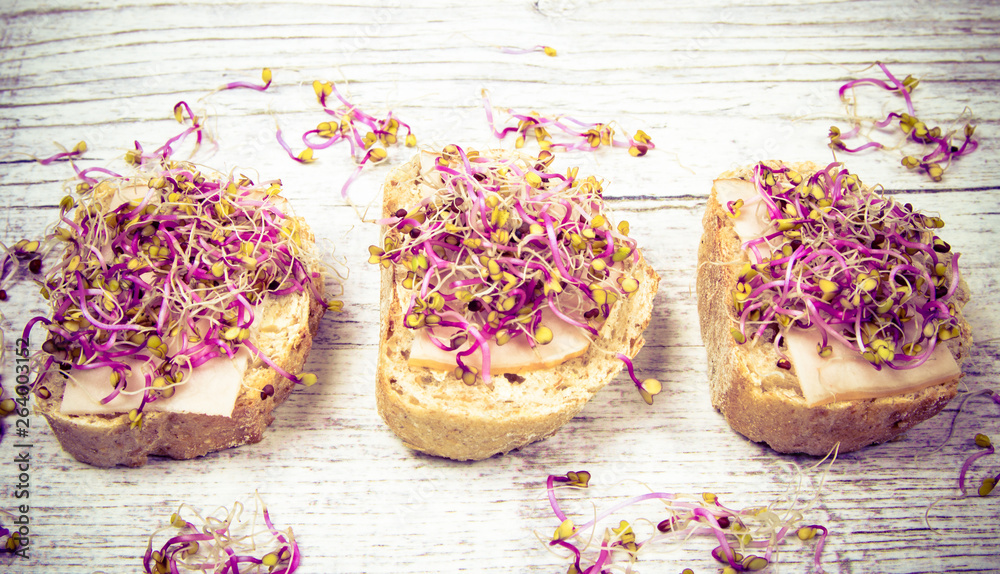 Sandwiches with ham and kale sprouts as an ingredient of a healthy diet.