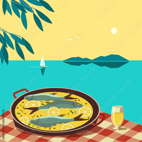 Flat hand drawn vector color seafood dish