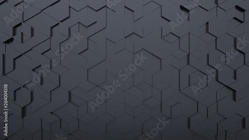 black abstract background with techie hexagons and triangles, 3D rendering, 3d illustration