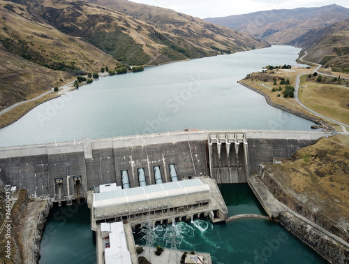 Clyde Dam and electricity station, aerial view, Otago, New Zealand photo