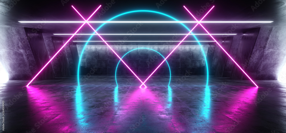 Sci Fi Fluorescent Vibrant Circle Shaped Neon Glowing Purple Blue Pink Lights In Huge Dark Cement Concrete Grunge Underground Garage Reflections Alien Spaceship Future Arch 3D Rendering Sci Fi Fluorescent Vibrant Circle Shaped Neon Glowing Purple Blue Pink Lights In Huge Dark Cement Concrete Grunge Underground Garage Reflections Alien Spaceship Future Arch 3D Rendering