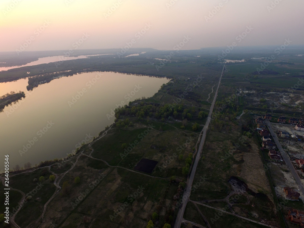 Aerial view of the Saburb landscape / Dnepr river (drone image).  Near Kiev,Ukraine