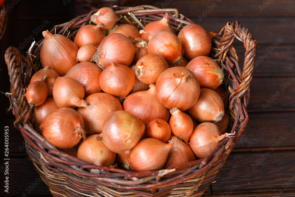 Red onions in a wooden basket. The spring avitaminosis.Vegetables in a basket, organic food and fresh vegetables Red onions in a wooden basket. The spring avitaminosis.Vegetables in a basket, organic food and fresh vegetables