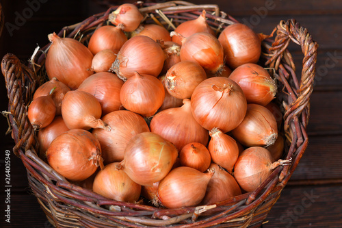 Red onions in a wooden basket. The spring avitaminosis.Vegetables in a basket  organic food and fresh vegetables