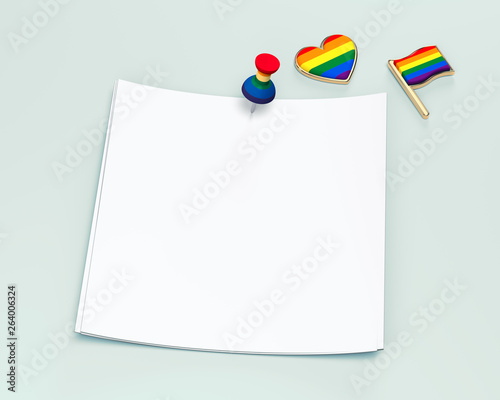Empty paper square with copy space for your text pinned with rainbow colored pin and gay pride flag and heart. Isolated on pastel green background. 3D rendering