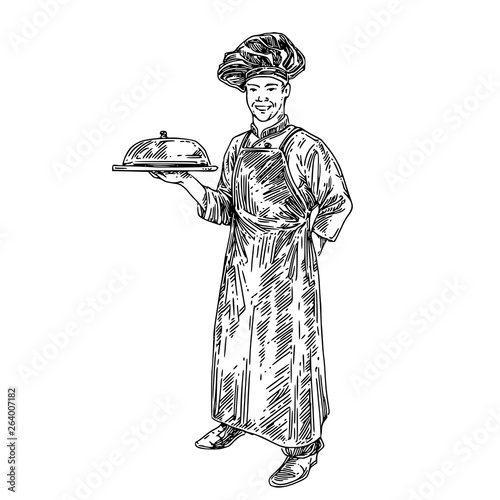 Cook in a cap and a long apron holding a tray of food. Sketch. Engraving style. Vector illustration.