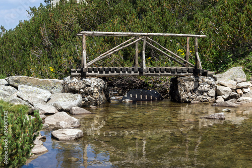 Wooden bridge over mointain river. Pirin Mountain, Bulgaria