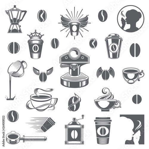 Coffee shop vector design elements objects and icons set. Coffee silhouettes for labels, menu and badges.
