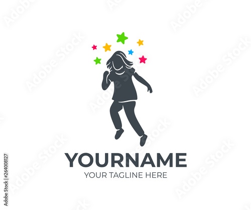 Child flies or takes off to stars  logo design. Child protection or care  foundation  school and education  vector design and illustration