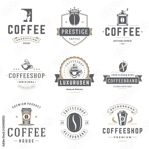 Coffee shop emblems and badges vector templates set.