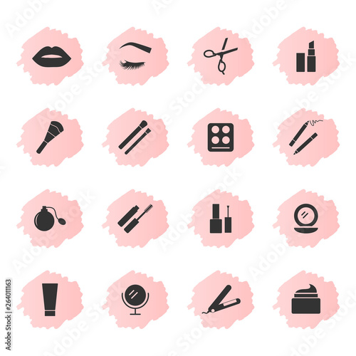 Makeup and cosmetics icons, black silhouettes on pink background