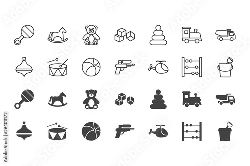 Children toys black silhouettes and outline icons set