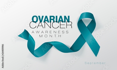 Ovarian Cancer Awareness Calligraphy Poster Design. Realistic Teal Ribbon. September is Cancer Awareness Month. Vector