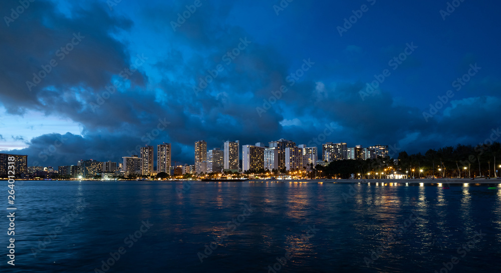 Panorama of Waikiki Beach in Hawaii in evening