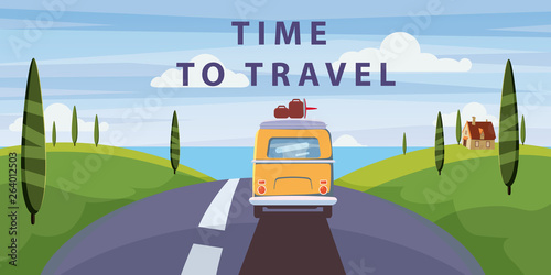 Time to travel. Van camper, bus on the road goes to the sea for a summer vacation