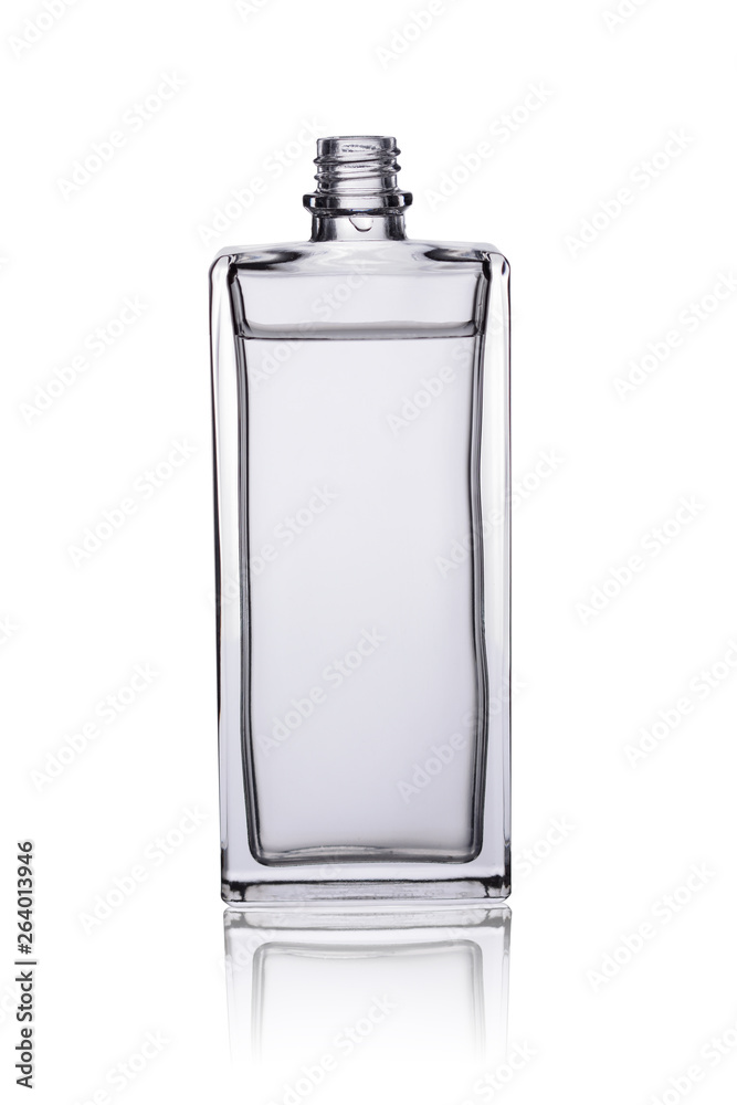 squared perfumery glass bottle with transparent liquid and reflection isolated on a white background squared perfumery glass bottle with transparent liquid and reflection isolated on a white background