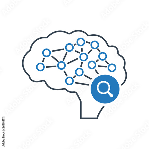 Brain icon with research sign. Intelligence icon and explore, find, inspect symbol