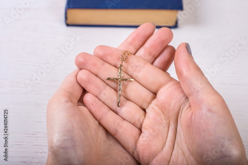 Women's hands are praying and crossing on the background of the Bible