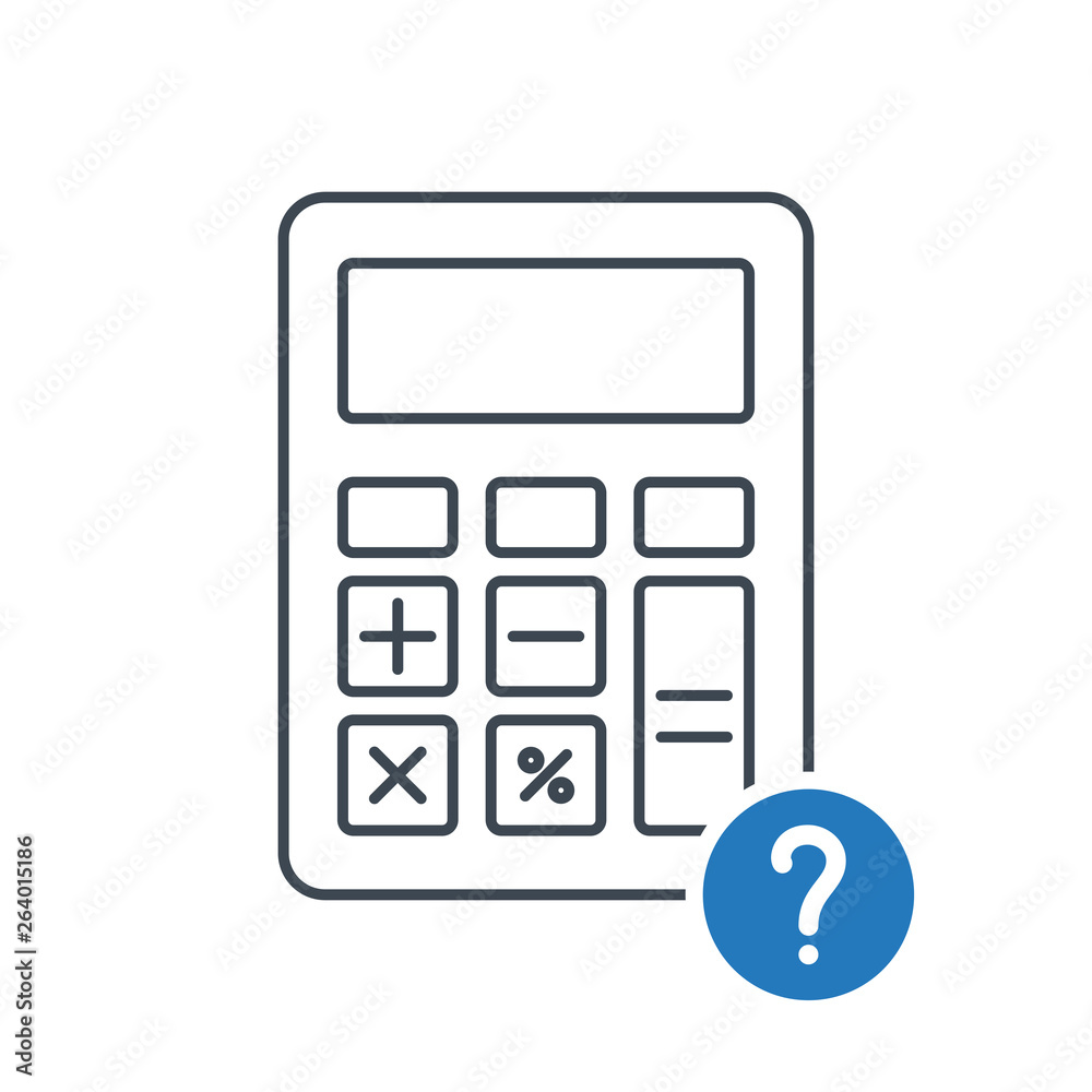 Calculator icon with question mark. Savings, finances icon and help, how to, info, query symbol Calculator icon with question mark. Savings, finances icon and help, how to, info, query symbol