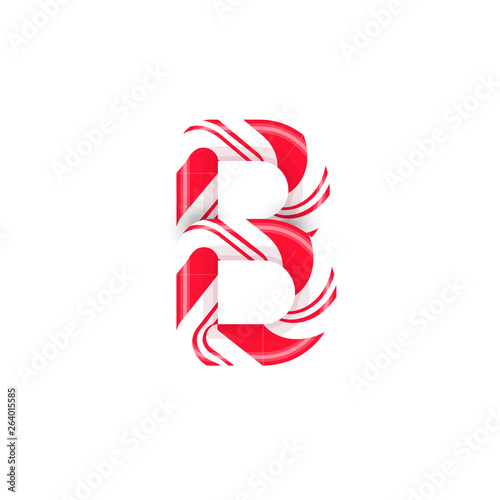 Cane letter B. Candy font elment. Sweet candy, lollipop latin letters. White letter with red stripes. Circus and clown monogram and poster template. Typography design.