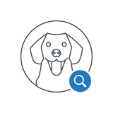 Dog icon with research sign. Labrador retriever icon and explore, find, inspect symbol