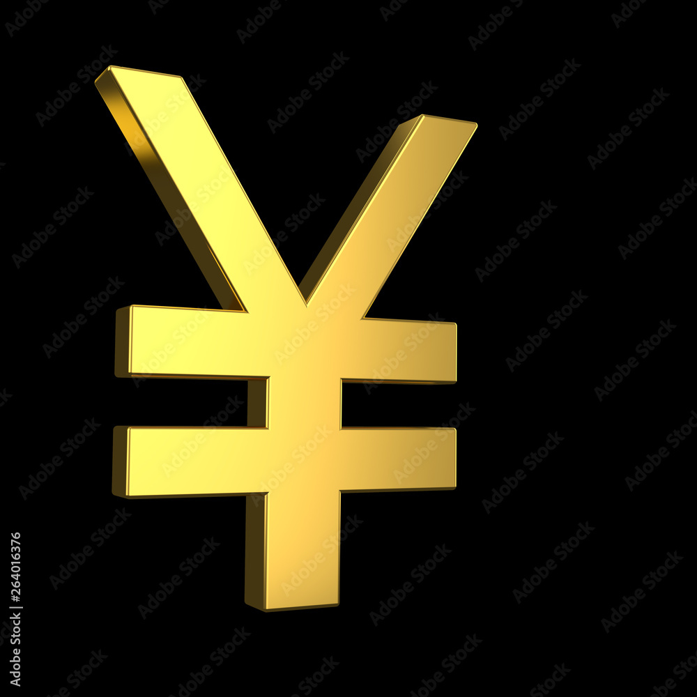 JPY sign. 3d golden yen symbol on black background. 3d rendering JPY sign. 3d golden yen symbol on black background. 3d rendering