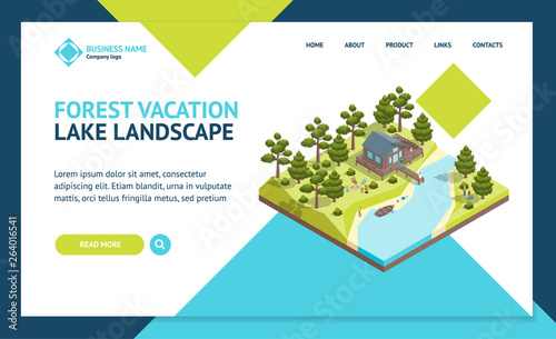House Forest Lake Concept Landing Web Page Template 3d Isometric View. Vector