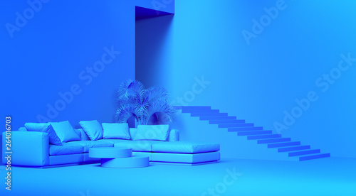Empty interior with a staircase, sofa and door, 3D illustration. 