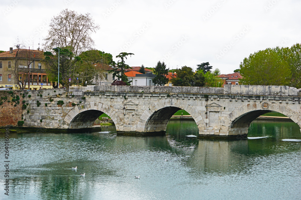 Obraz premium Tiberius Bridge in the historic center of Italian Rimini