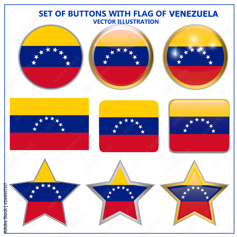 Bright buttons with flag of Venezuela. Colorful illustration with flag for web design. Banner with white background. Bright buttons with flag of Venezuela. Colorful illustration with flag for web design. Banner with white background.