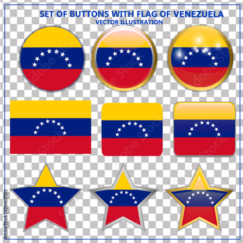 Bright buttons with flag of Venezuela. Colorful illustration with flag for web design. Banner with transparent background.