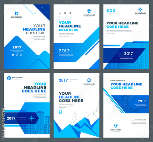 Blue brochures annual reports flyers design templates set