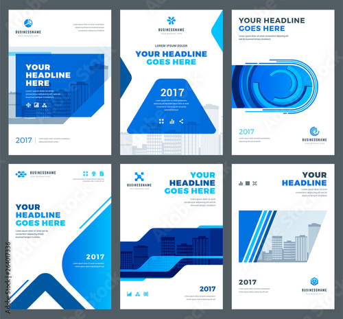 Blue brochures annual reports flyers design templates set