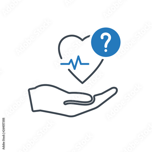 Health icon with question mark. Heart pulse icon and help, how to, info, query symbol