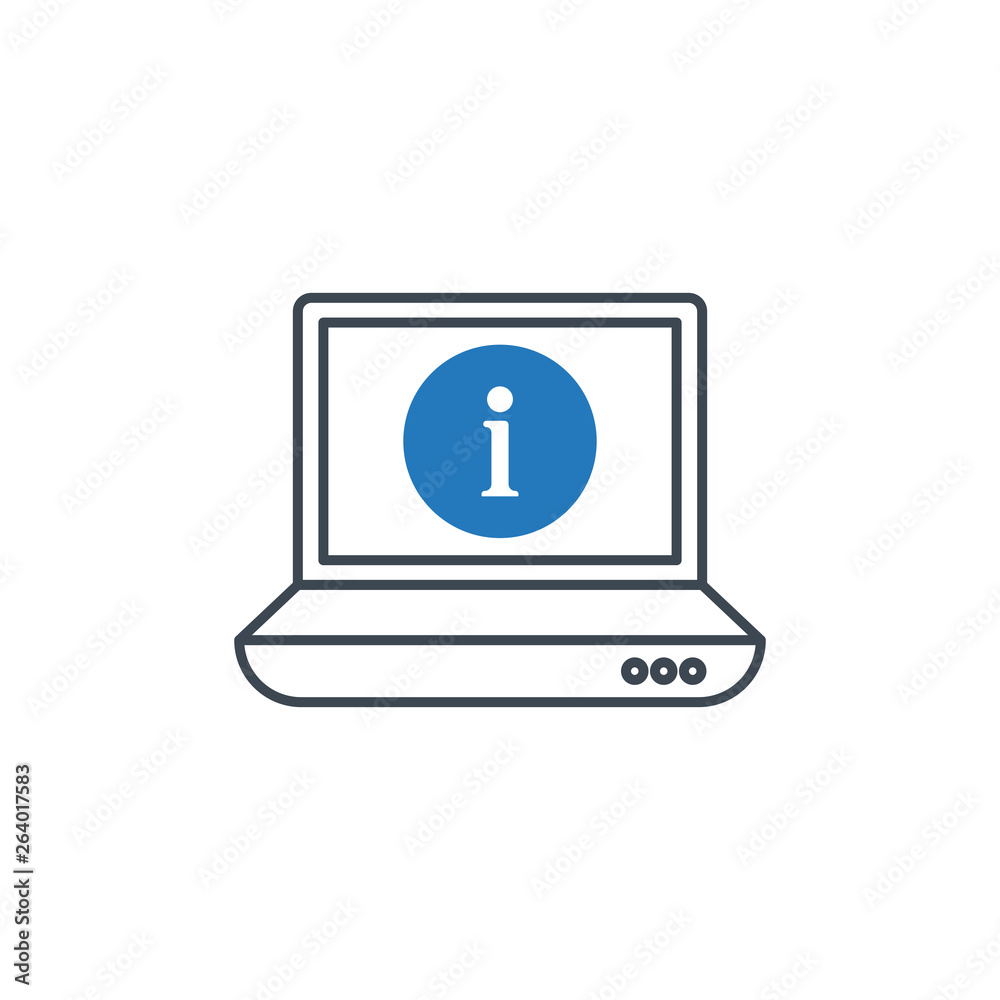 Laptop icon with information sign. Notebook icon and about, faq, help, hint symbol Laptop icon with information sign. Notebook icon and about, faq, help, hint symbol
