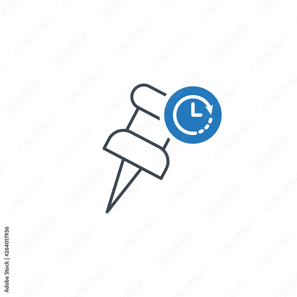 Marker icon with clock sign. Push pin icon and countdown, deadline, schedule, planning symbol Marker icon with clock sign. Push pin icon and countdown, deadline, schedule, planning symbol