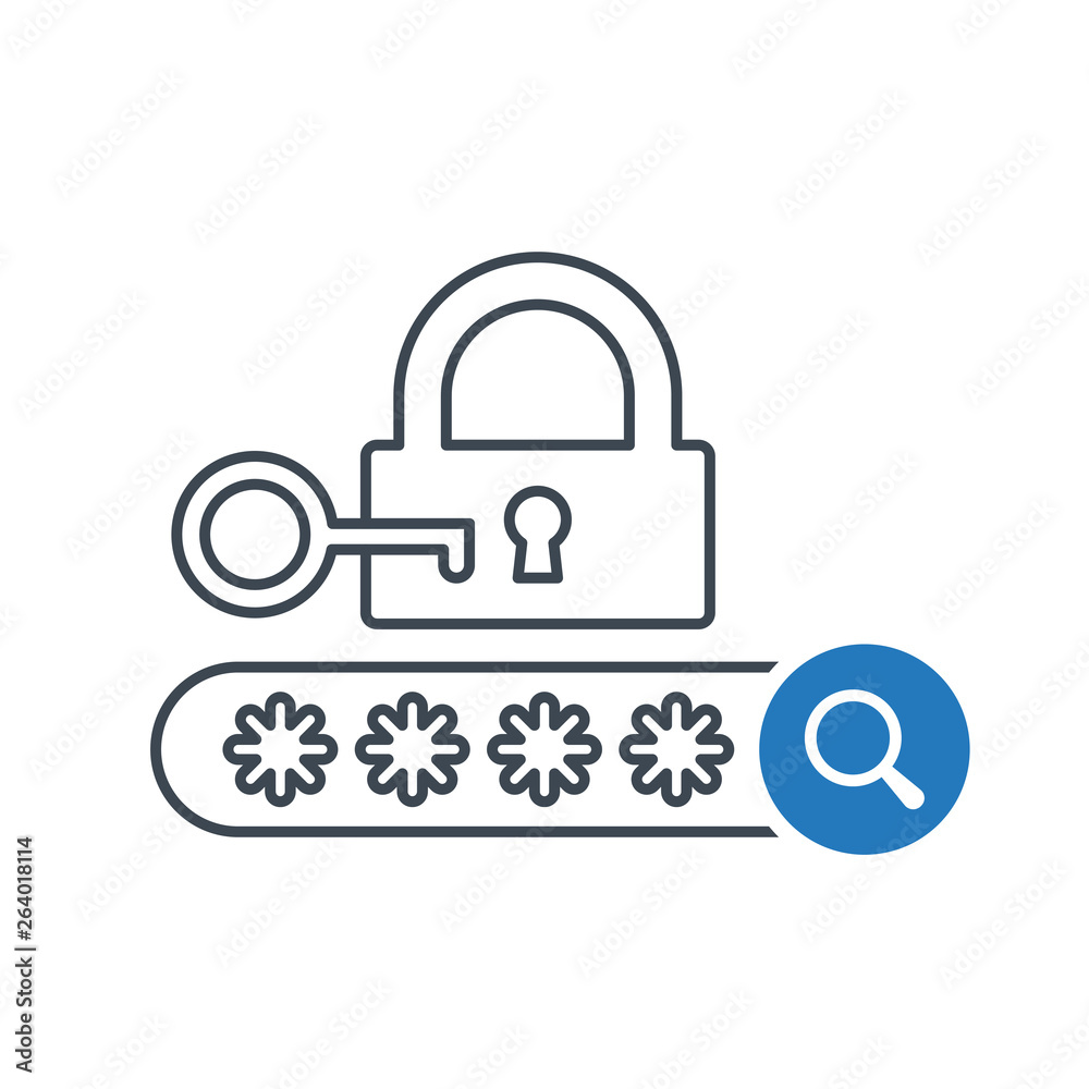 Password icon with research sign. Protection lock icon and explore, find, inspect symbol Password icon with research sign. Protection lock icon and explore, find, inspect symbol