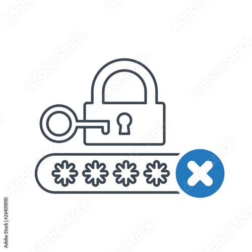 Password icon with cancel sign. Protection lock icon and close, delete, remove symbol