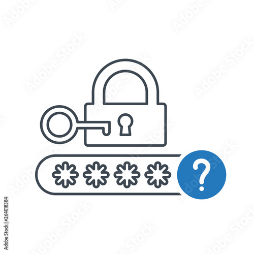 Password icon with question mark. Protection lock icon and help, how to, info, query symbol