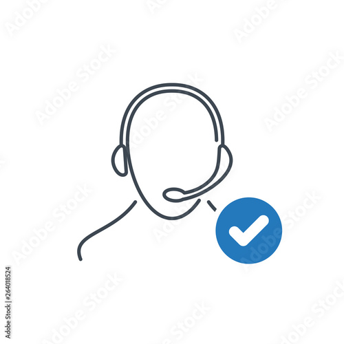 Support icon with check sign. Customer service agent with headset icon and approved, confirm, done, tick, completed symbol