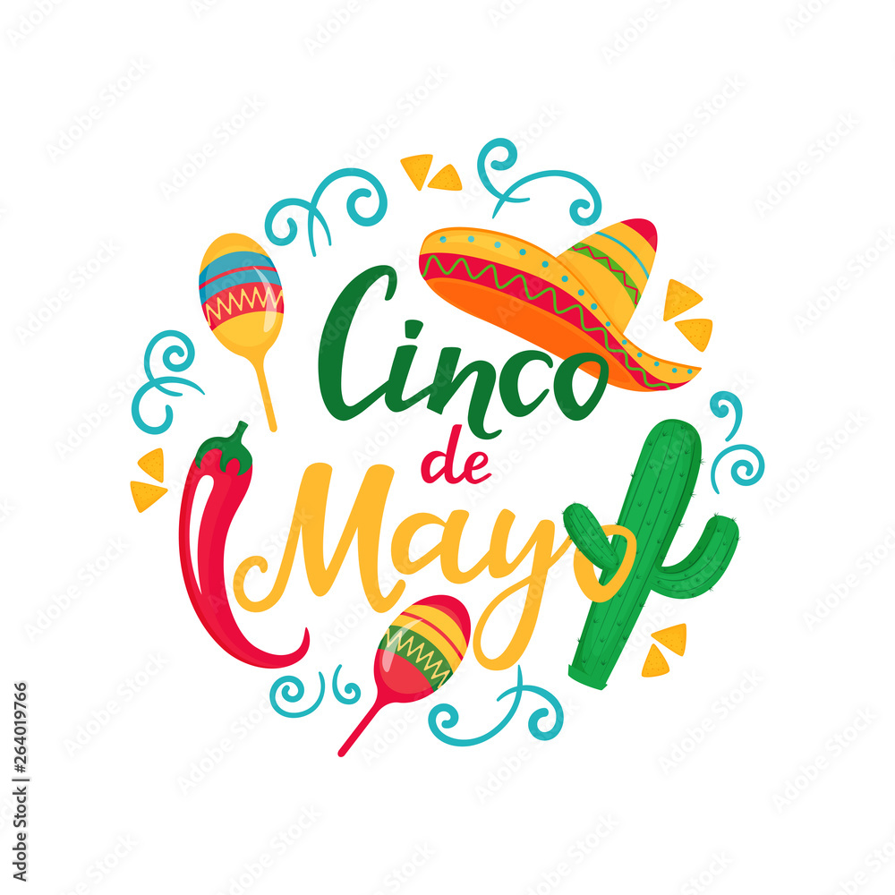 Cinco de Mayo. Hand drawn lettering. 5th of May. Festive mexican banner. Sombrero, Maracas, Cactus, Chili Pepper.