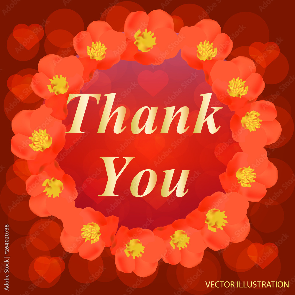 Thank You greeting card. Brightly Colorful illustration. Illustration with red flowers. Illustration with text thank you.