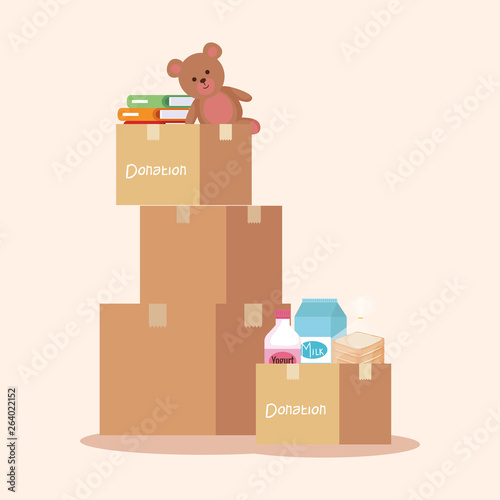 boxes donation with books and teddy with food