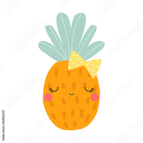 Cute pineapple with bow. Kids fashion print. Vector hand drawn illustration.