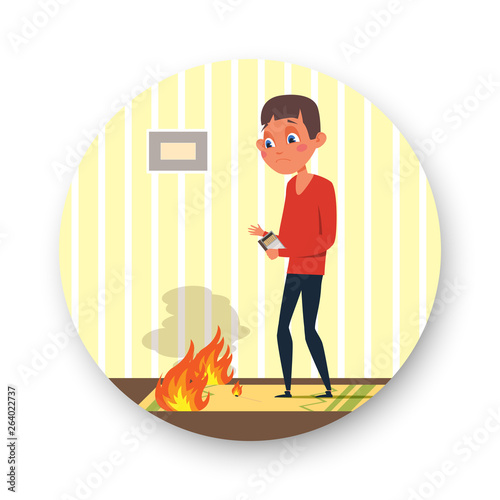 Little boy playing with matches illustration