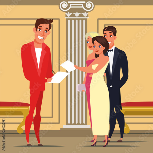 Men and women at theater flat vector illustration