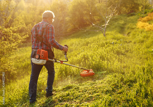 mowing trimmer - worker cutting grass in green yard at sunset.