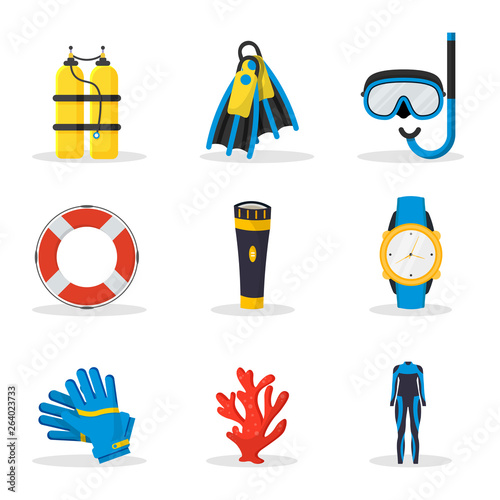 Scuba diving equipment vector illustrations set